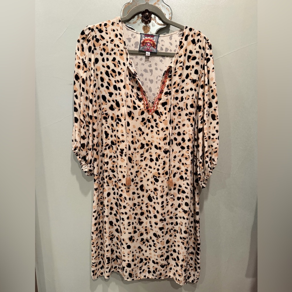 Johnny Was Beige, Black and Tan Leopard-Print Mini Dress